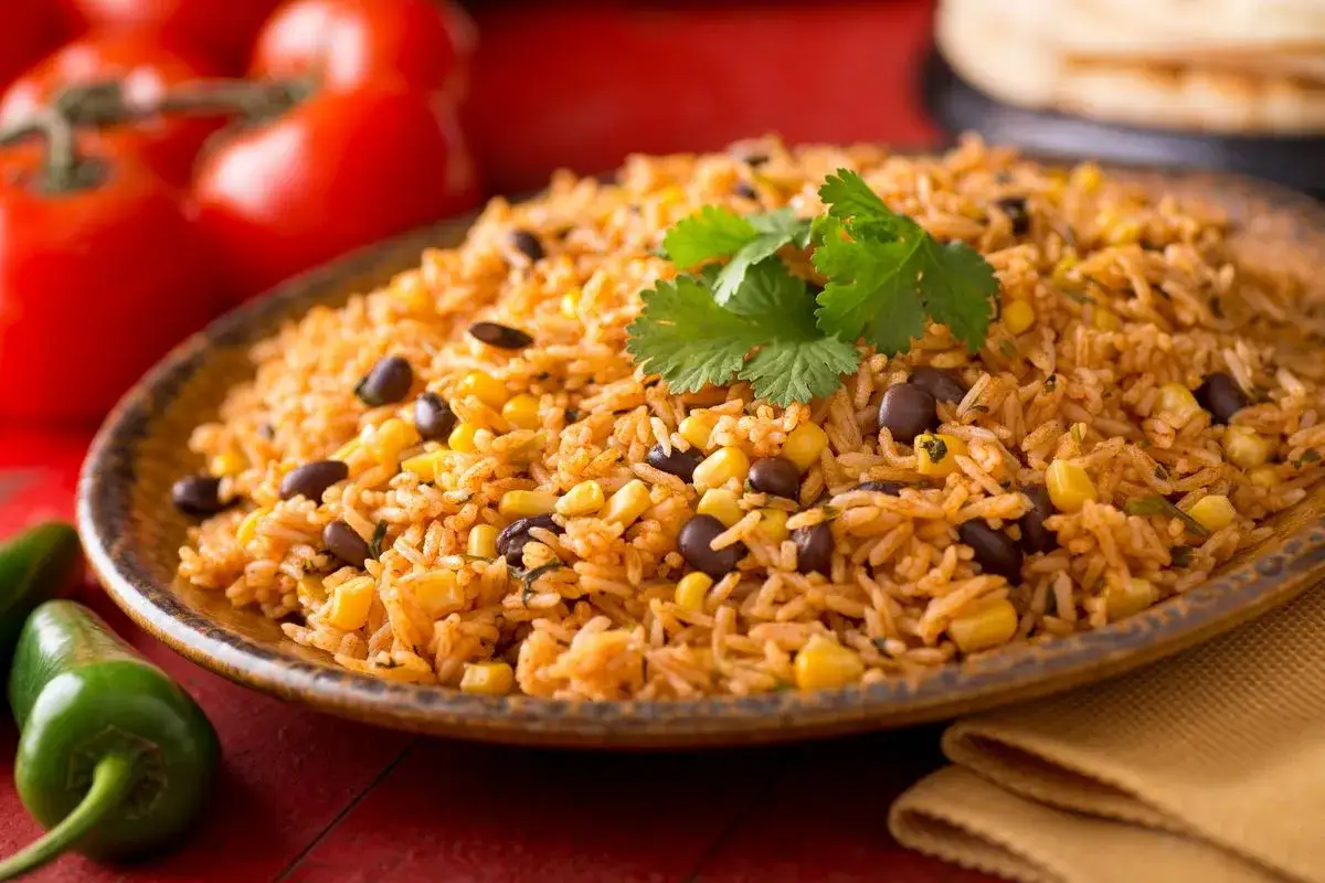 Un piatto invitante di riso e fagioli, con mais e coriandolo fresco. La ricetta originale &egrave; un tripudio di sapori messicani.