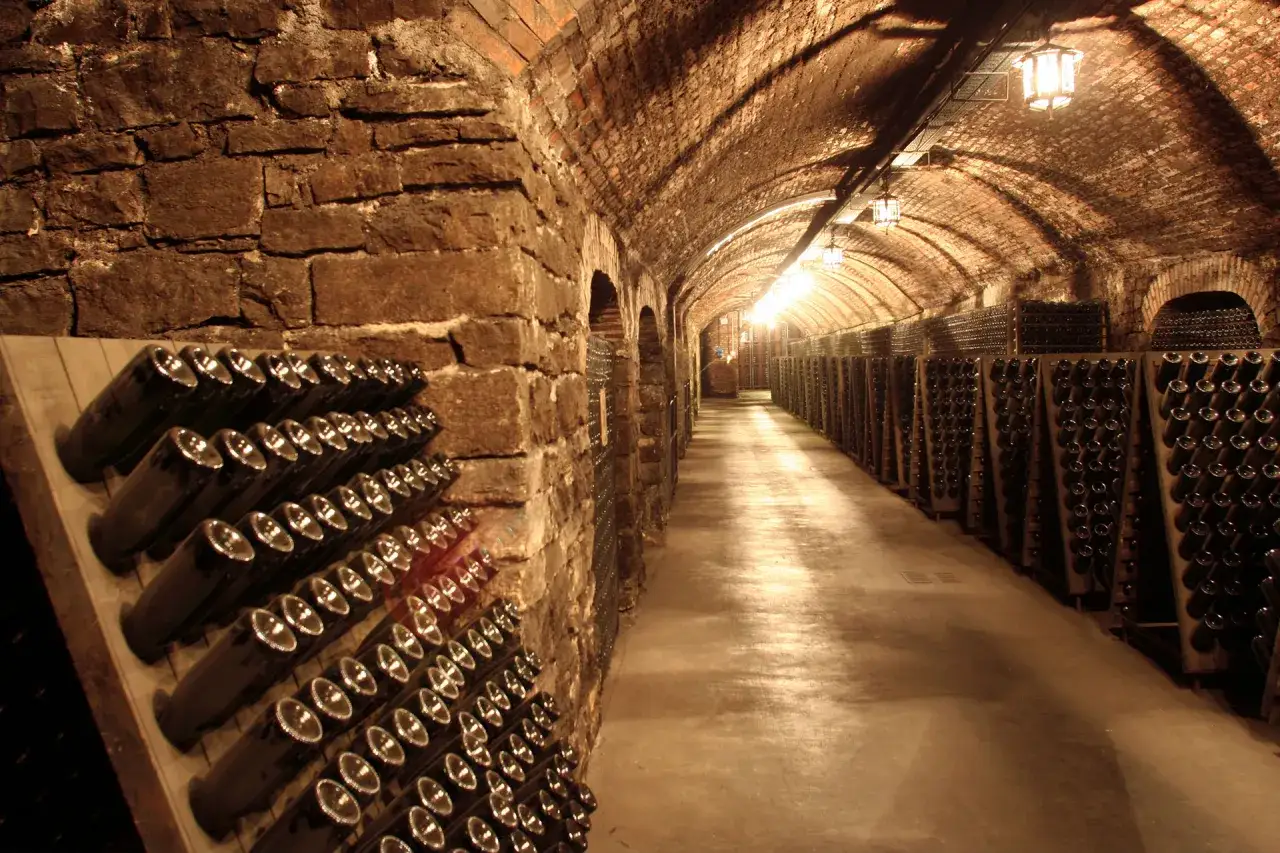 Cantina sotterranea con file di bottiglie di vino, un tesoro dei colli martani.