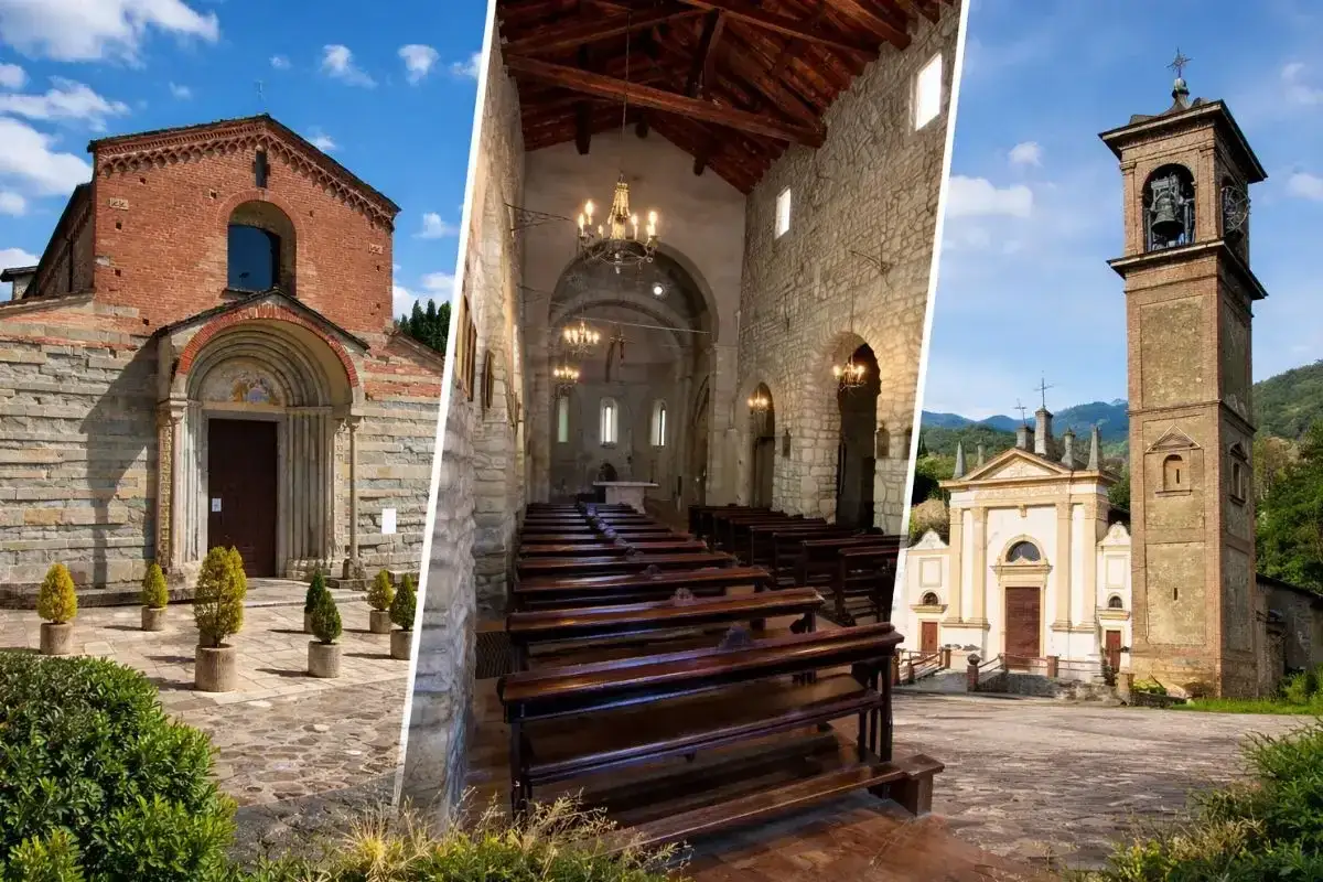 Tre chiese in Italia: una in mattoni rossi, l'interno con panche di legno e una con campanile. Un luogo di pace, forse vicino a un campo di oliva gessi.