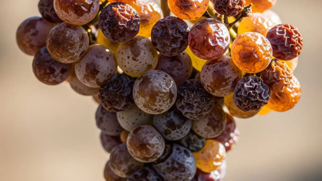 Grappoli d'uva appassita, alcuni con la caratteristica muffa nobile, pronti per diventare un pregiato vino muffato.