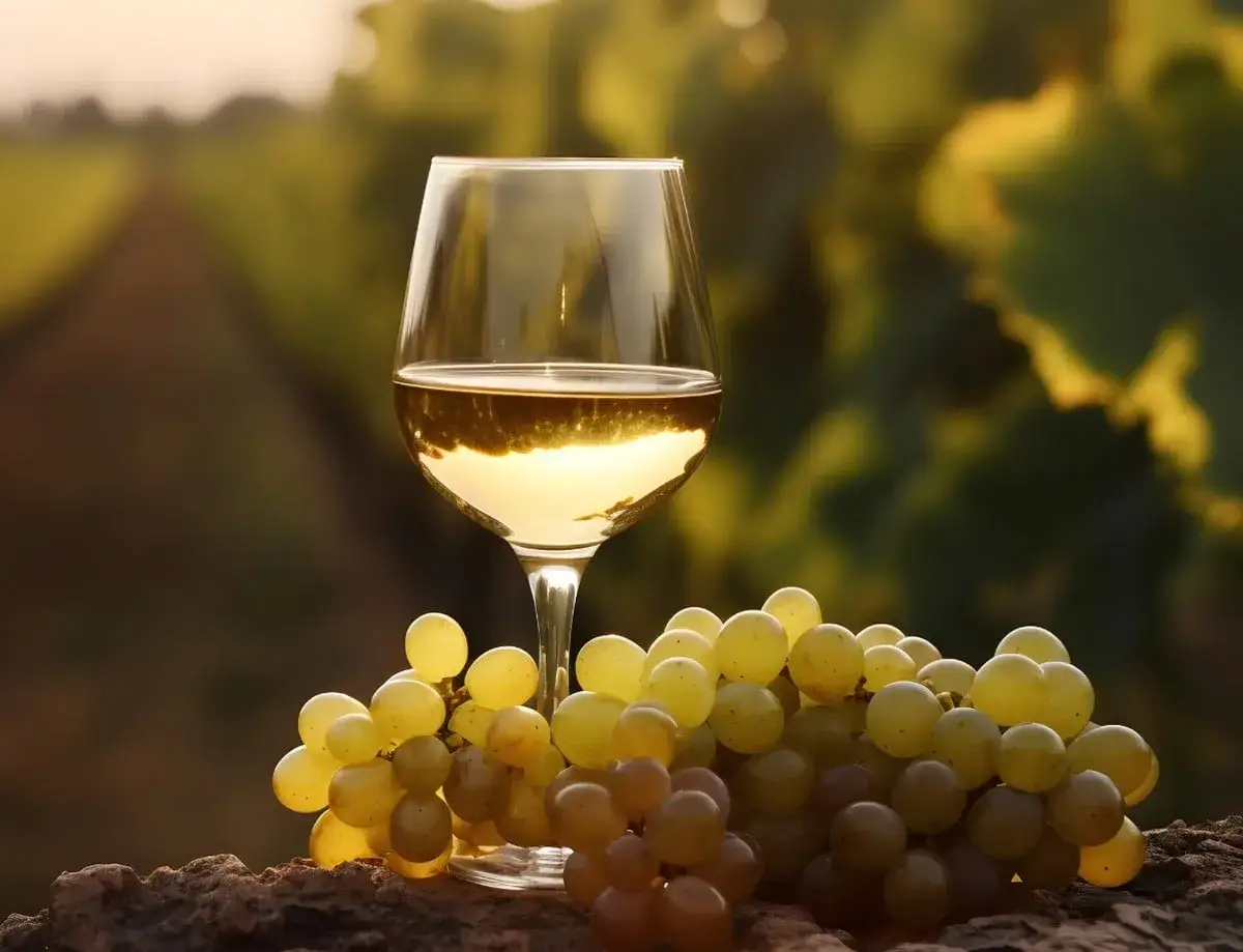 Calice di vino bianco dorato accanto a grappoli d'uva, con vigneti sullo sfondo. Un assaggio delle caratteristiche dello Chardonnay.