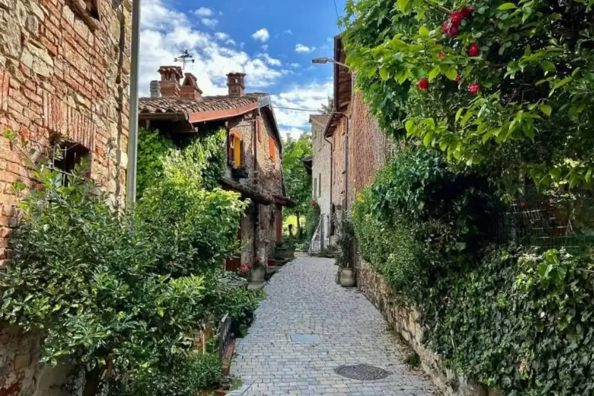 Un vicolo acciottolato nel Val di Nizza, con case in pietra ricoperte di edera e rose rosse.