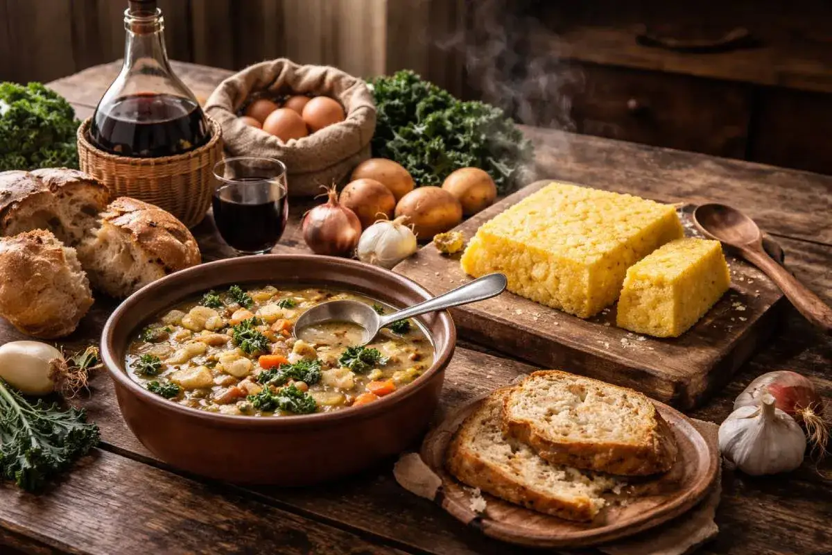 Un pasto rustico che evoca la cucina contadina: zuppa fumante, polenta, pane casereccio, uova e vino rosso.