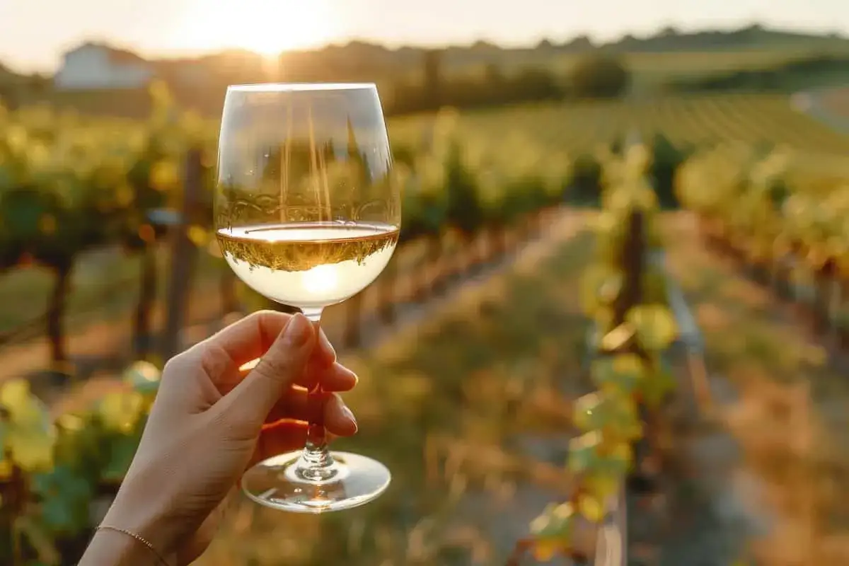 Un bicchiere di vino bianco riflette il sole al tramonto in un vigneto. La vite promette un futuro sapore.