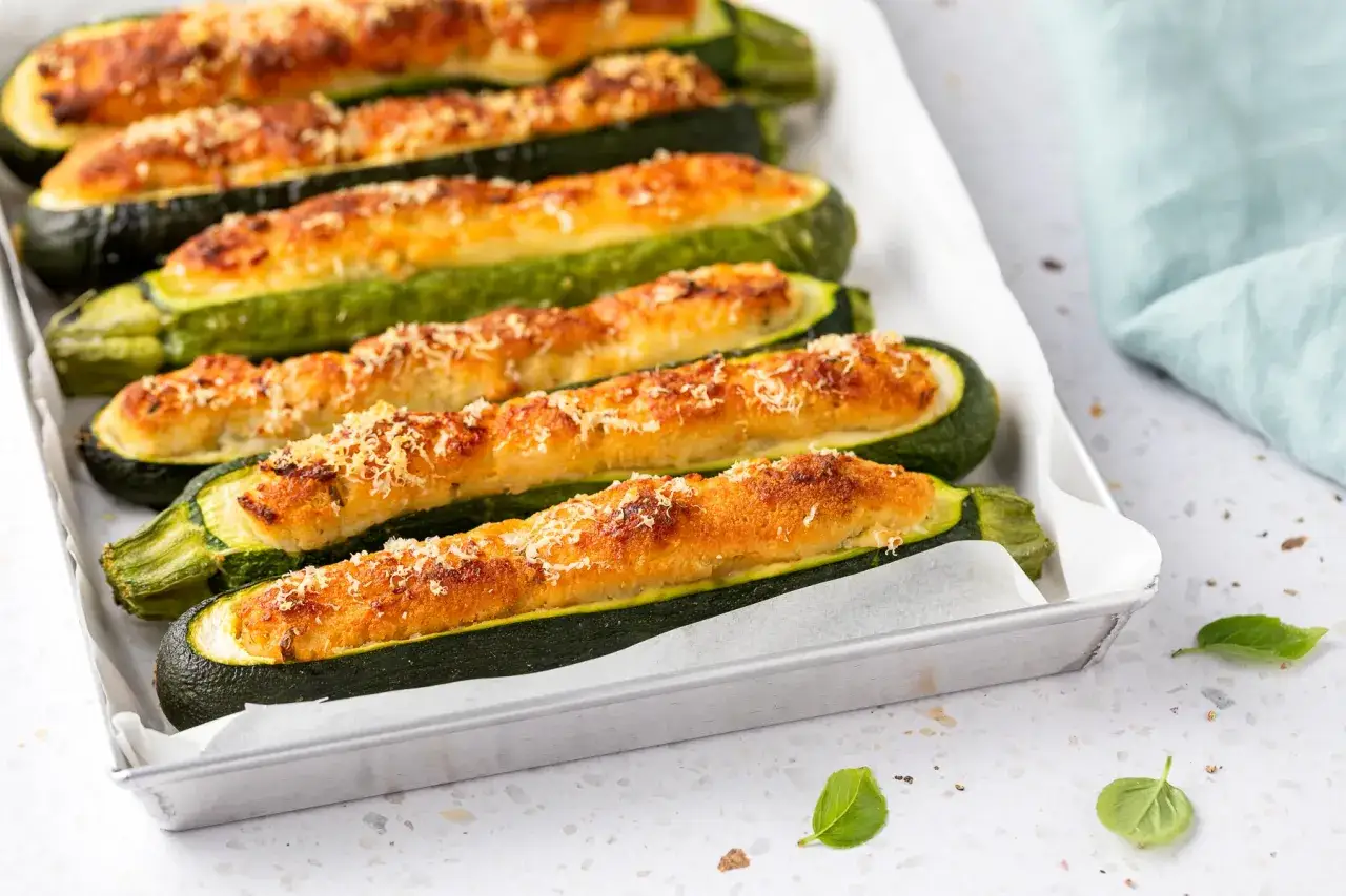 Zucchine ripiene al forno, un'idea gustosa per le tue ricette con zucchine. Dorate e gratinate, pronte per essere gustate.
