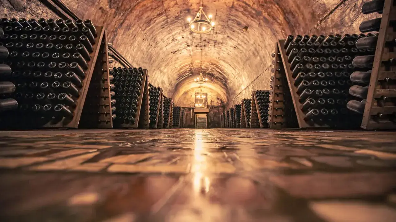 Cantina sotterranea con scaffali pieni di bottiglie di champagne, un tesoro della regione.