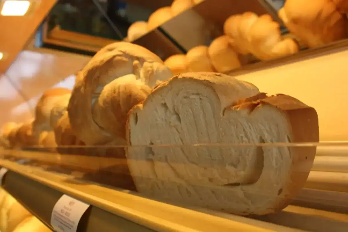 Pane a treccia, un miccone pavia fragrante, esposto in vetrina.