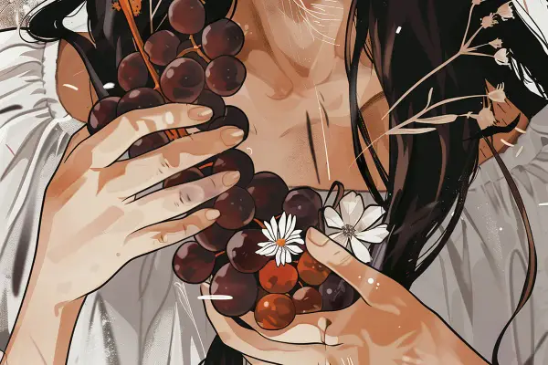 Mani delicate stringono un grappolo di uva scura, adornato da piccoli fiori bianchi. Il mosto fiore, promessa di dolcezza, si fonde con la morbidezza della scena.