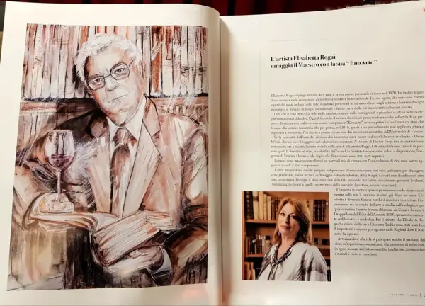 Ritratto di Giacomo Tachis, maestro del vino, con un bicchiere. L'opera è un omaggio dell'artista Elisabetta Rogai.