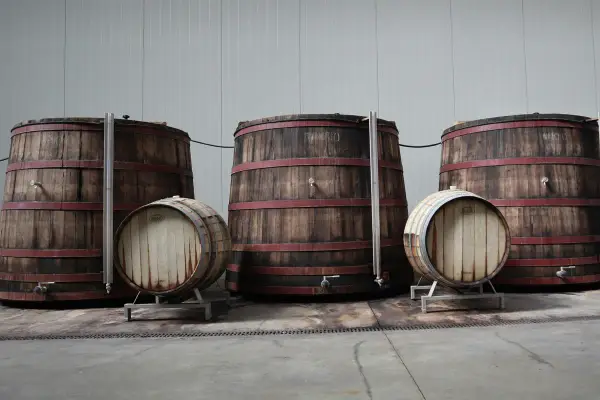 Grandi botti di legno e barili più piccoli, pronti per affinare i pregiati vini lombardi.
